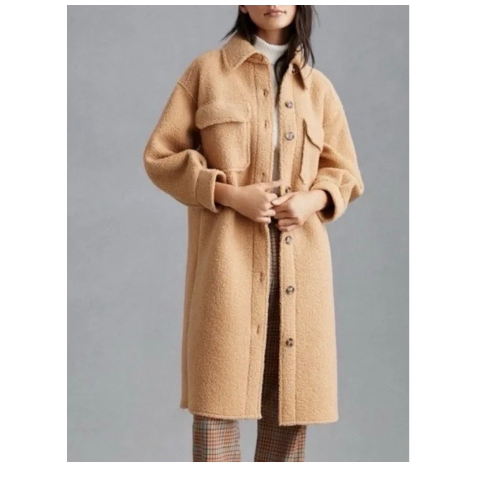 Anthropologie If By Sea Teddy Coat Small Beige Sherpa Long Button Front Cozy